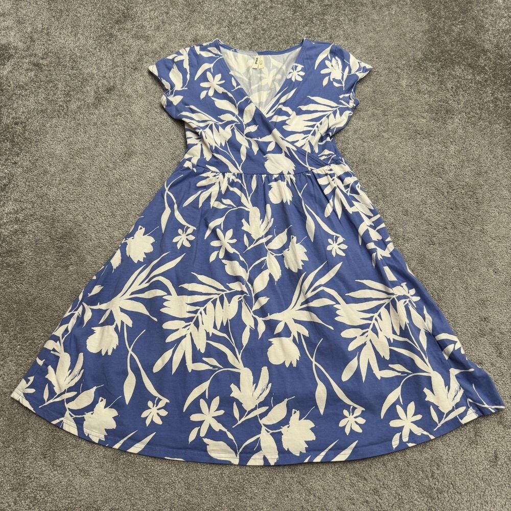 Pact Faux Wrap Fit Flare Dress Womens S Blue White Floral Organic Cotton Jersey